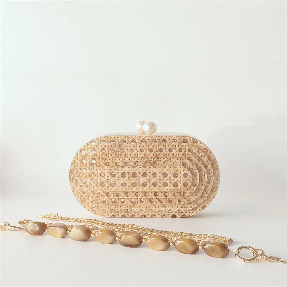 Lady Women Rattan Clutch Acrylic Egg Cane Bag - beaded handle