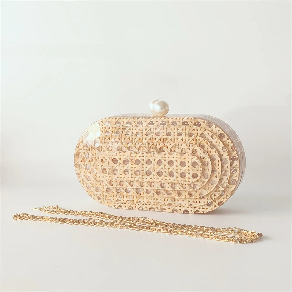 Lady Women Rattan Clutch Acrylic Egg Cane Bag - o shape chain
