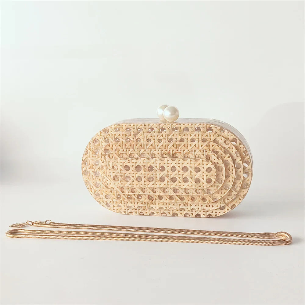 Lady Women Rattan Clutch Acrylic Egg Cane Bag - snake chain