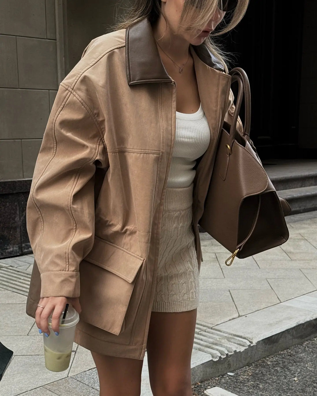 Lapel Contrast Color Large Pocket Mid-length Jacket