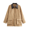 Lapel Contrast Color Large Pocket Mid-length Jacket - Khaki Brown / M