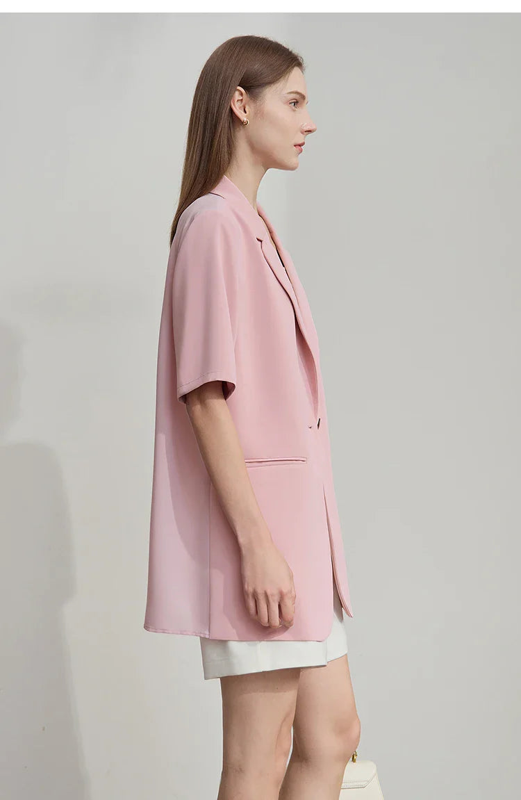 Lapel Contrast Material Patchwork One Button Short Sleeve Blazer - Pink / M