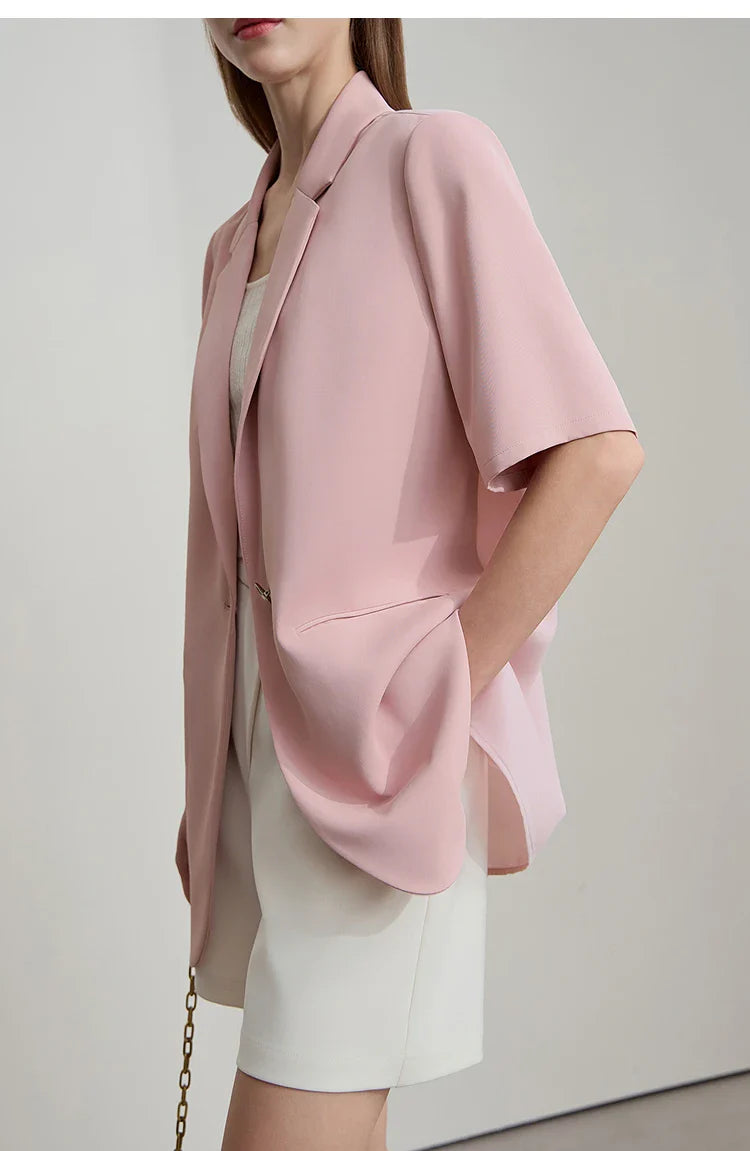 Lapel Contrast Material Patchwork One Button Short Sleeve Blazer - Pink / M