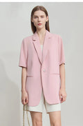 Lapel Contrast Material Patchwork One Button Short Sleeve Blazer - Pink / M