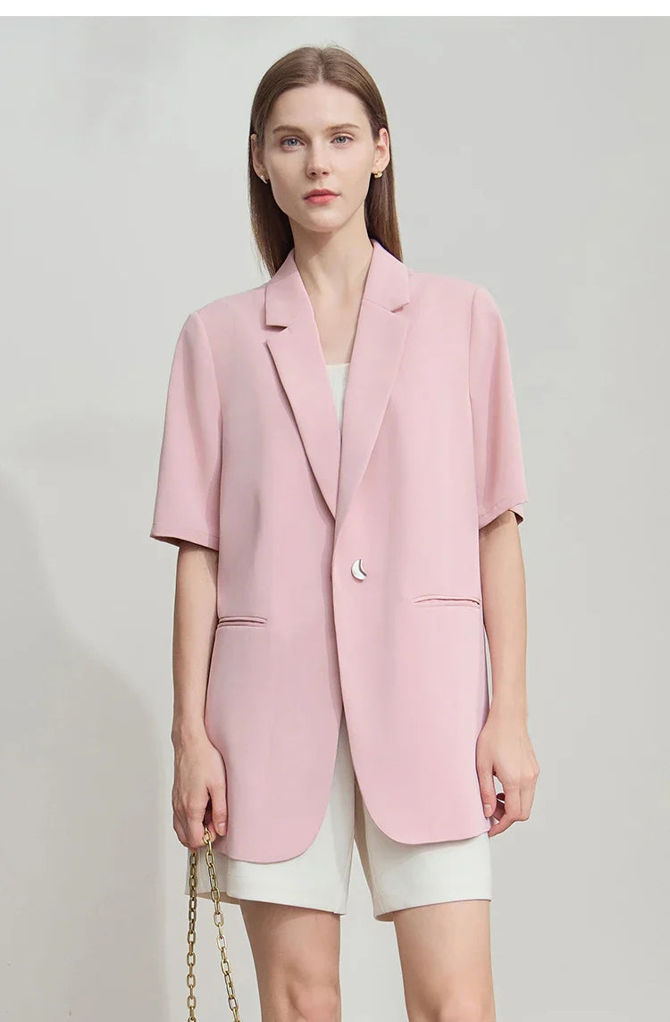 Lapel Contrast Material Patchwork One Button Short Sleeve Blazer - Pink / M