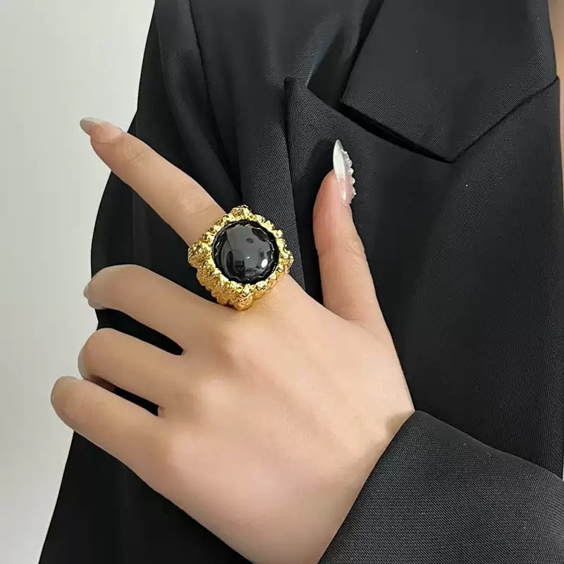 Large Resin Gemstone Open Ring Female Mid-ancient Wide Version Gold - electronic accessories
