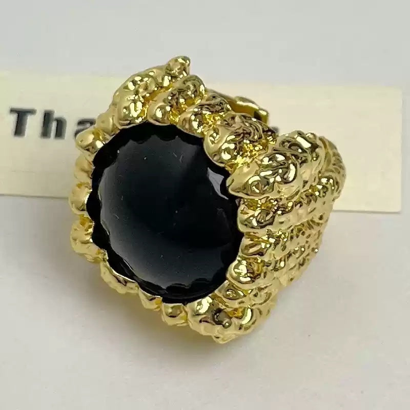 Large Resin Gemstone Open Ring Female Mid-ancient Wide Version Gold - Black - electronic accessories