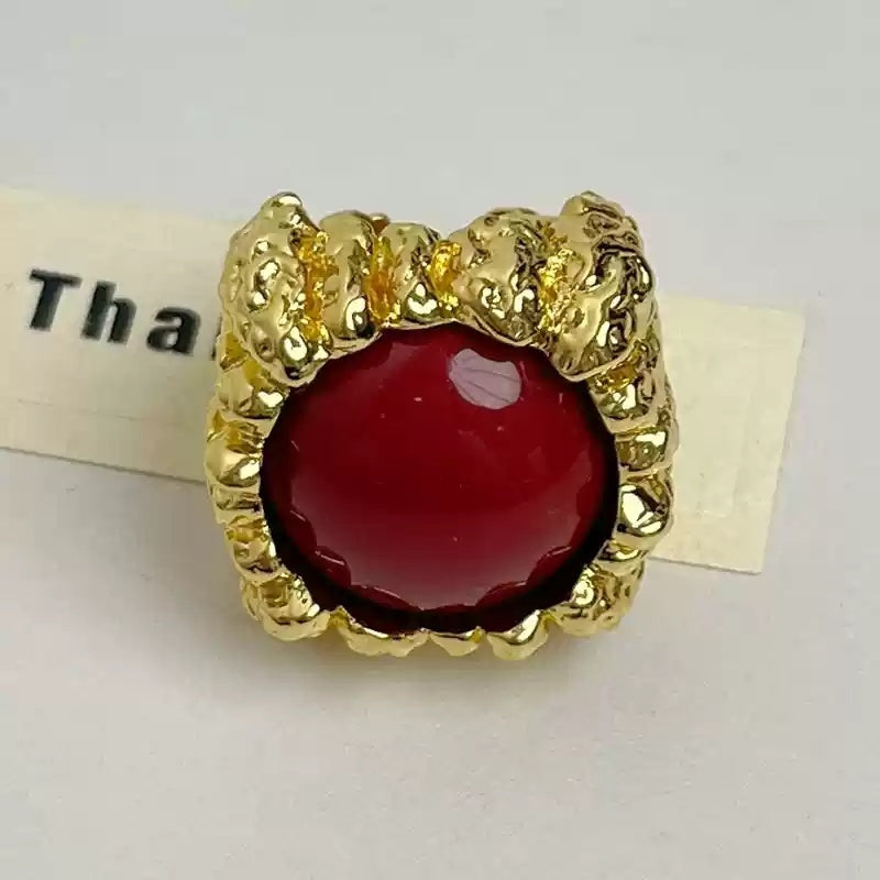 Large Resin Gemstone Open Ring Female Mid-ancient Wide Version Gold - Red - electronic accessories