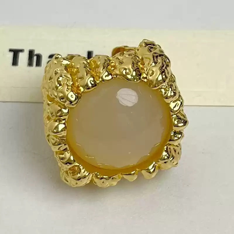 Large Resin Gemstone Open Ring Female Mid-ancient Wide Version Gold - Beige - electronic accessories