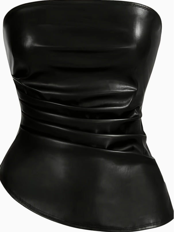 Leather Bandeau Strap Pleated Asymmetrical Top - electronic accessories