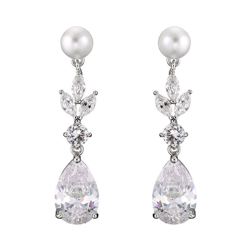 Leaves Zircon Water Drop Earrings Women - White Gold Plated - electronic accessories