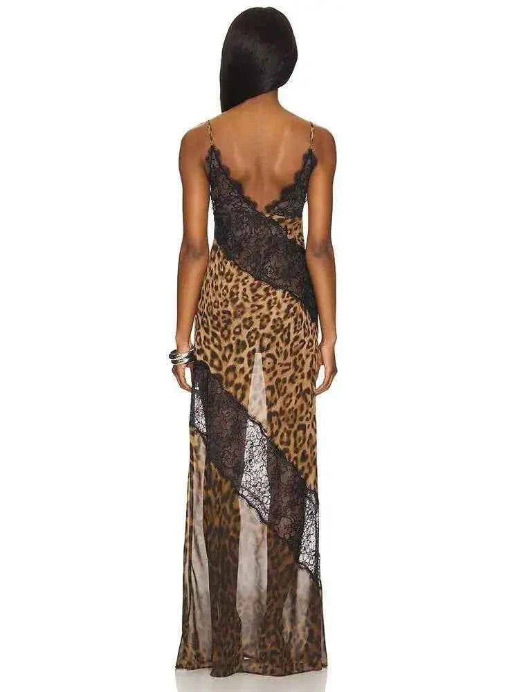 Leopard Print Spaghetti Strap Maxi Dress Women
