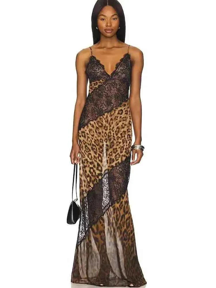 Leopard Print Spaghetti Strap Maxi Dress Women