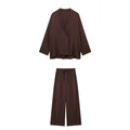 Lien V-neck Shirt Loose Pant Lady’s Set - brown set / L