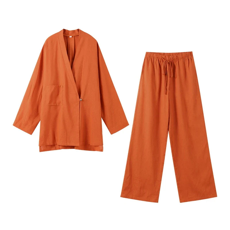 Lien V-neck Shirt Loose Pant Lady’s Set - orange set / XS