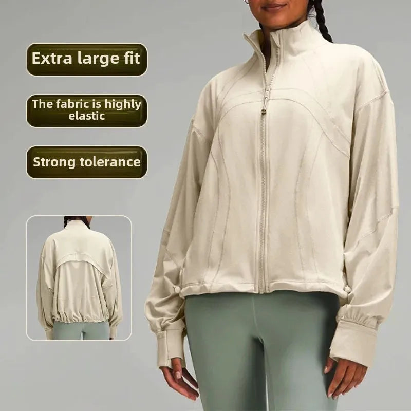 Light beige relaxed fit athletic women outdoor jacket with stand collar