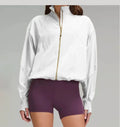Light beige relaxed fit athletic jacket with stand collar for women