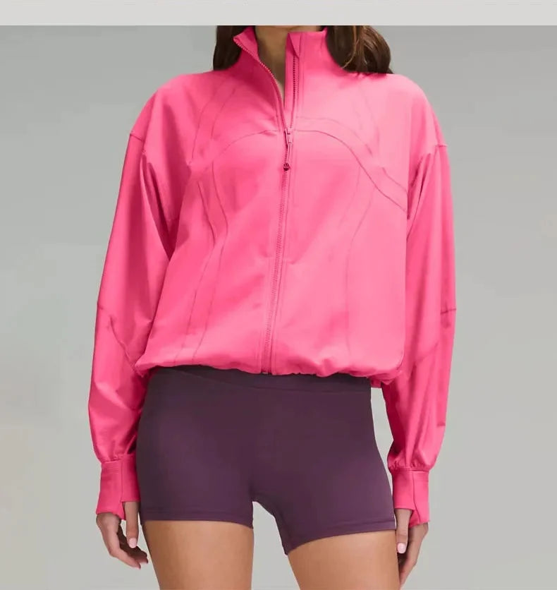 Light beige relaxed fit athletic women outdoor jacket with stand collar