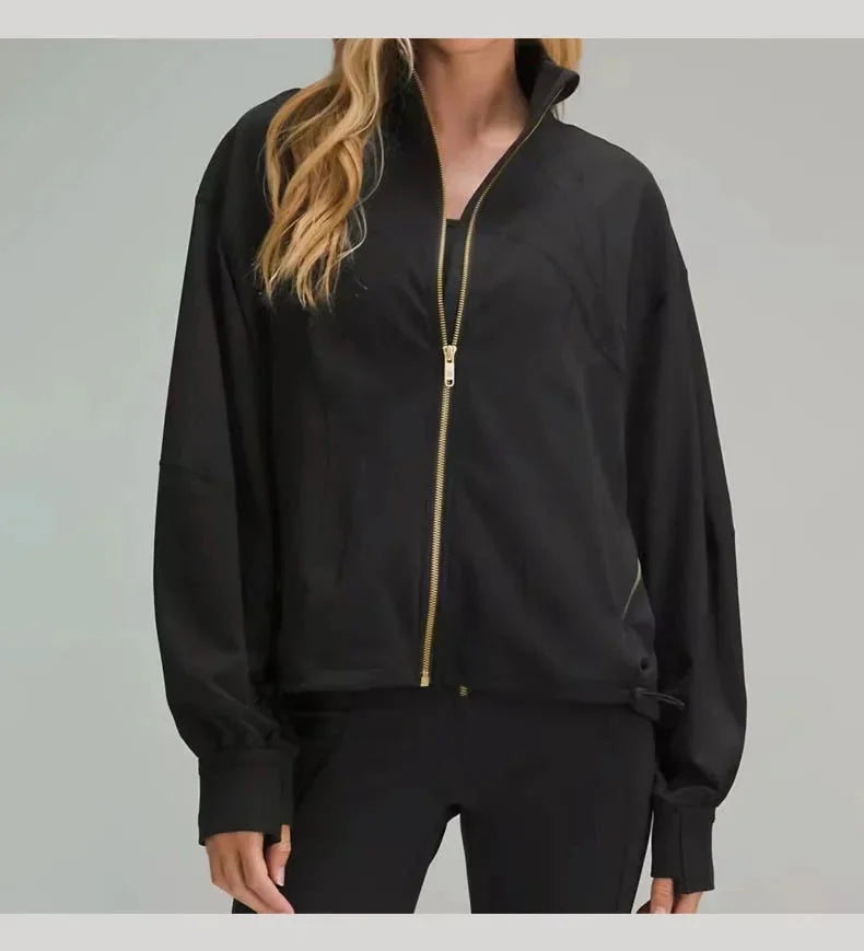 Light beige relaxed fit athletic jacket with stand collar for women