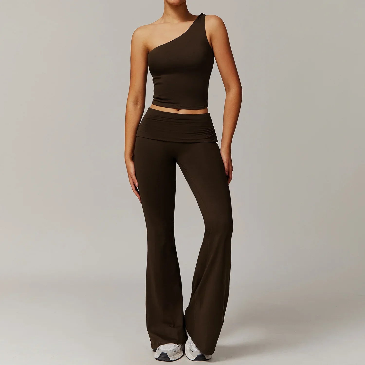 Light blue 2pcs yoga set: one-shoulder crop top and flared pants for women gym clothing