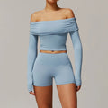 Light blue 2pcs yoga set: one-shoulder crop top and flared pants for women gym clothing