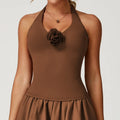 Brown halter-neck yoga vest with ruffles and fabric rose detail for women shockproof yoga