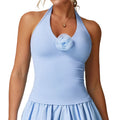 Light blue halter neck yoga vest for women with rose appliqué and ruffled hem