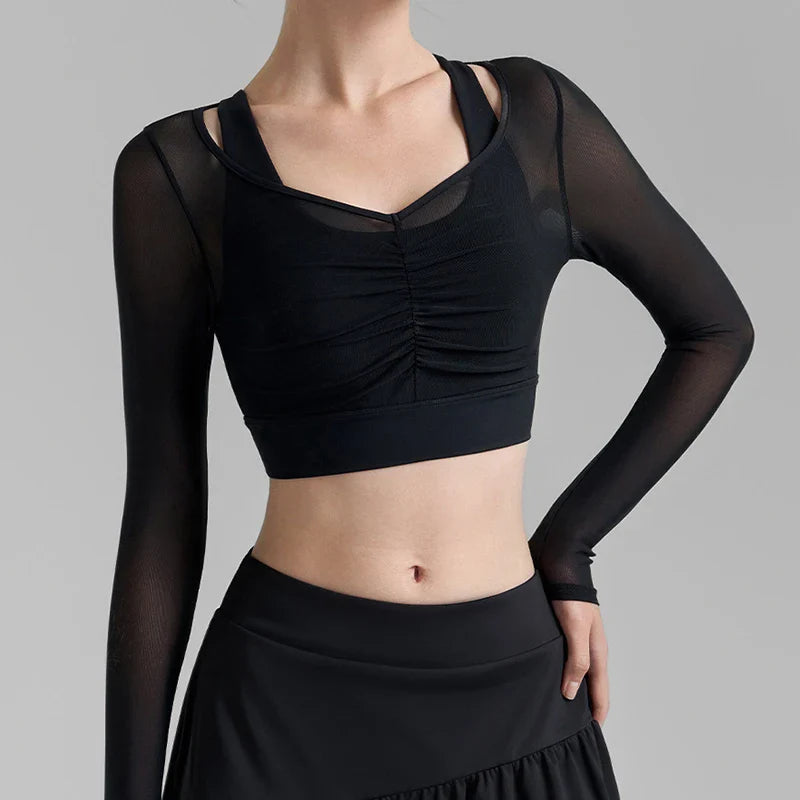 Light blue solid mesh sports top with V neck, short sleeves, and ruched front for activewear