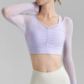 Light Blue Solid Mesh Sports Top with Lavender Sheer Long-Sleeve V Neck Crop Design