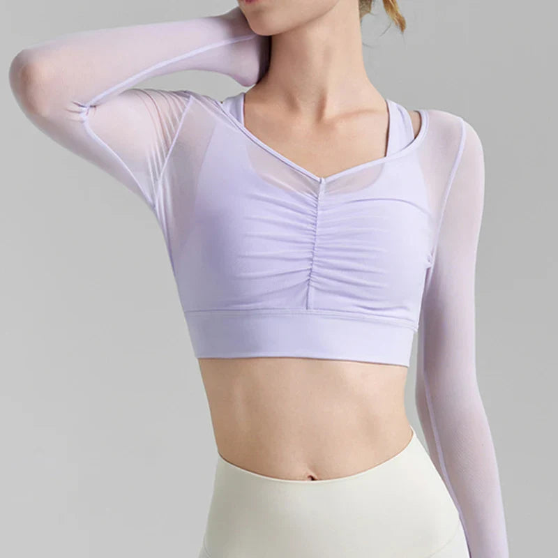 Light Blue Solid Mesh Sports Top with Lavender Sheer Long-Sleeve V Neck Crop Design
