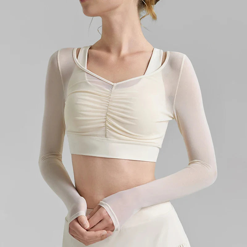 Light Blue Solid Mesh Sports Top with V Neck, sheer long sleeves, and thumbholes