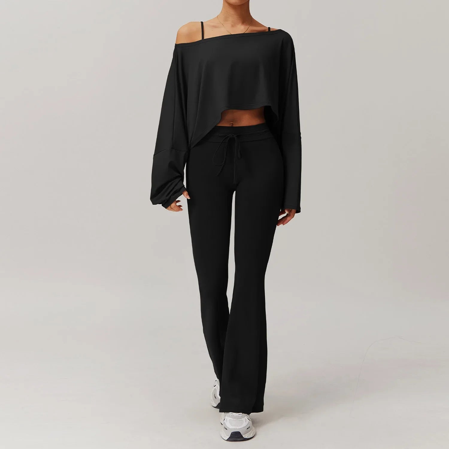 Black off-the-shoulder long-sleeve crop top and flare pants set in Light Blue Womens Sportswear 2pcs Set