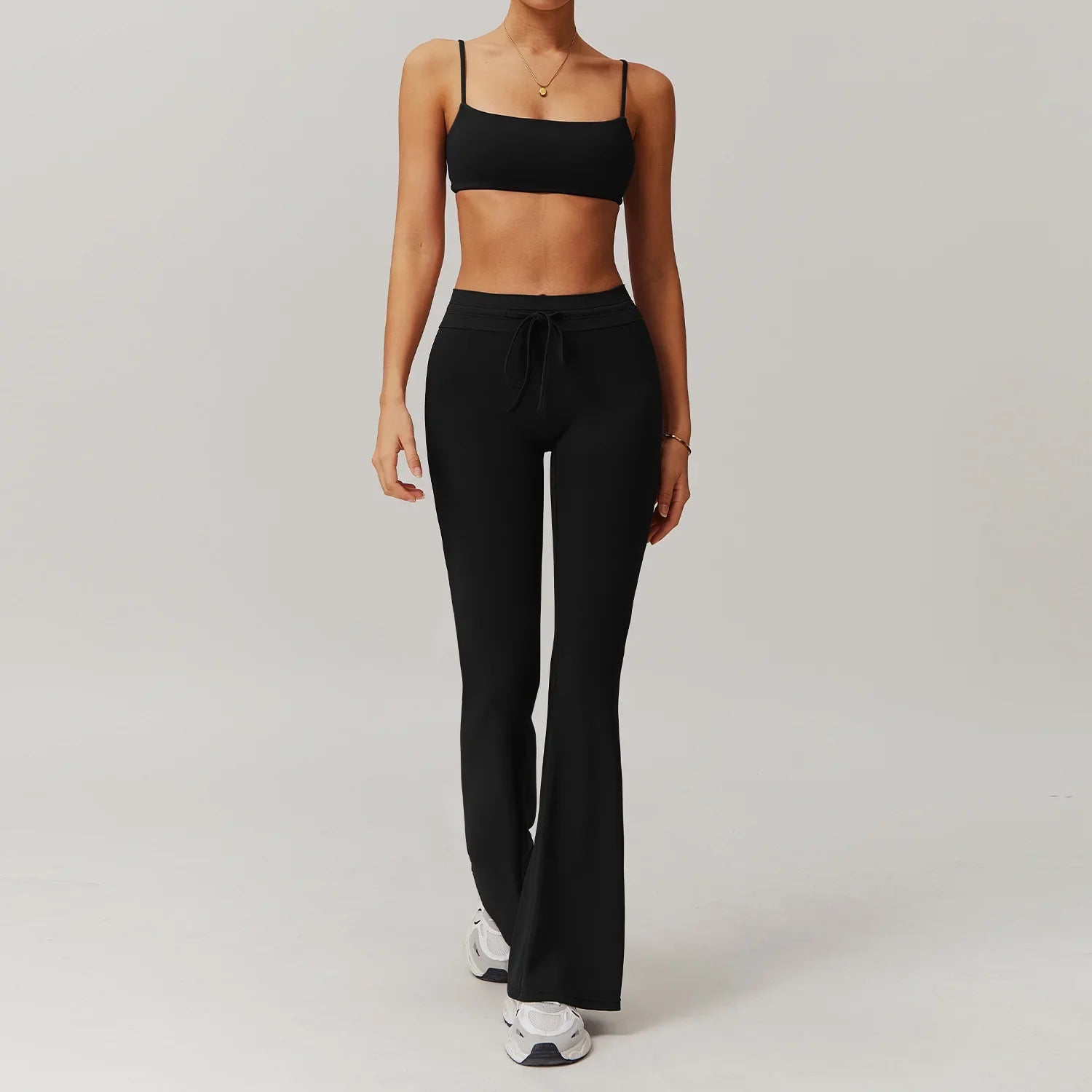 Black ribbed spaghetti-strap crop top and flare-leg pants set in Light Blue Womens Sportswear 2pcs Set