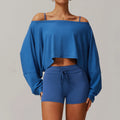Light Blue Womens Sportswear 2pcs Set featuring off-the-shoulder crop top and matching shorts
