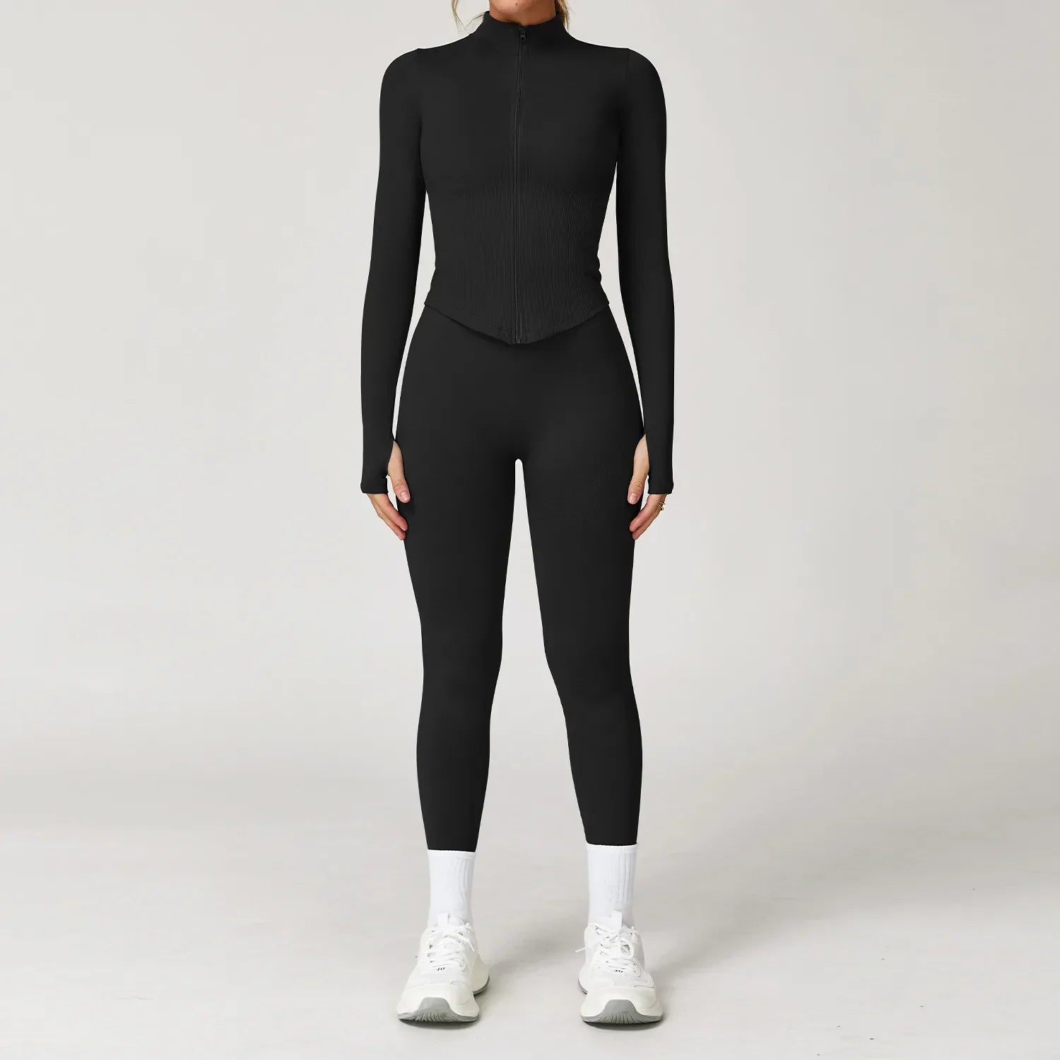 Light pink seamless gym set with jacket bra and leggings