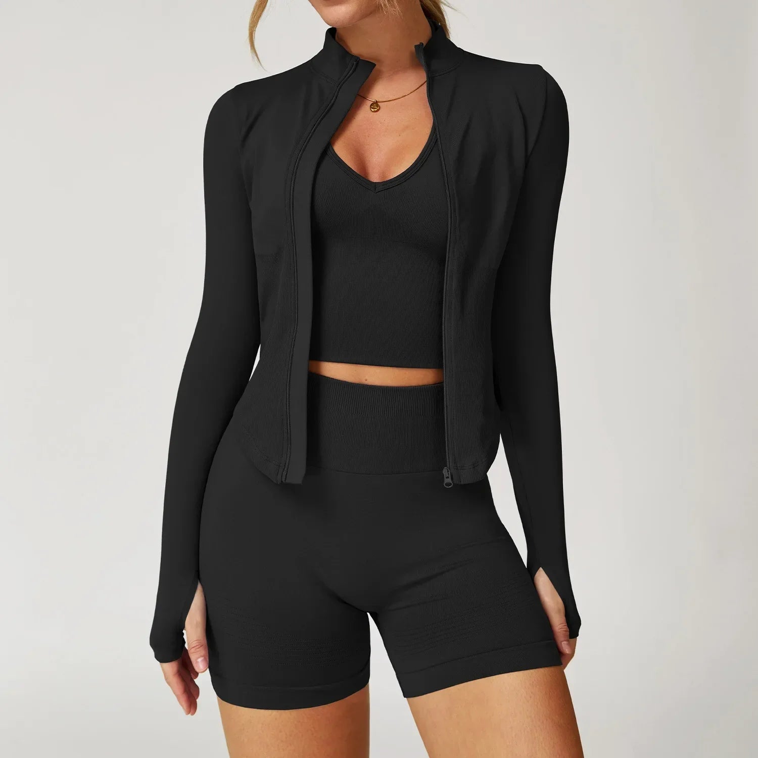 Light pink seamless gym set with jacket, bra and leggings