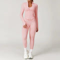 Light pink seamless gym set with long-sleeved jacket and leggings