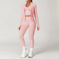 Light pink seamless gym set with jacket, bra, and leggings