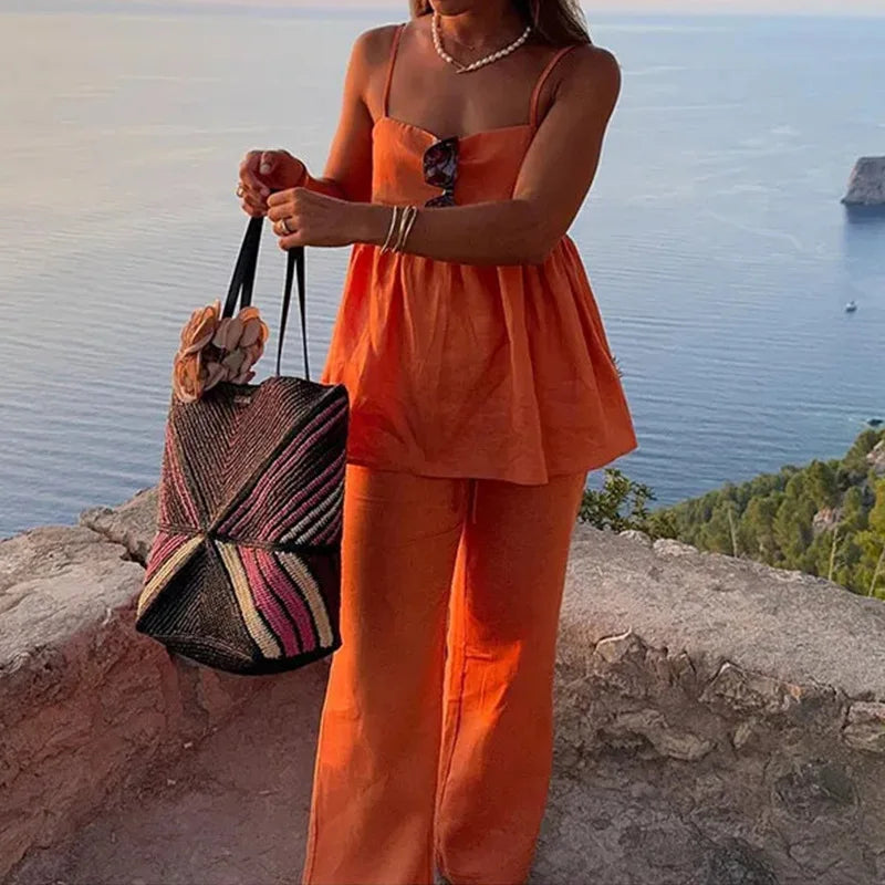 Linen Cotton Orange Women’s Set 2 Pcs Pants - Beige / XXL