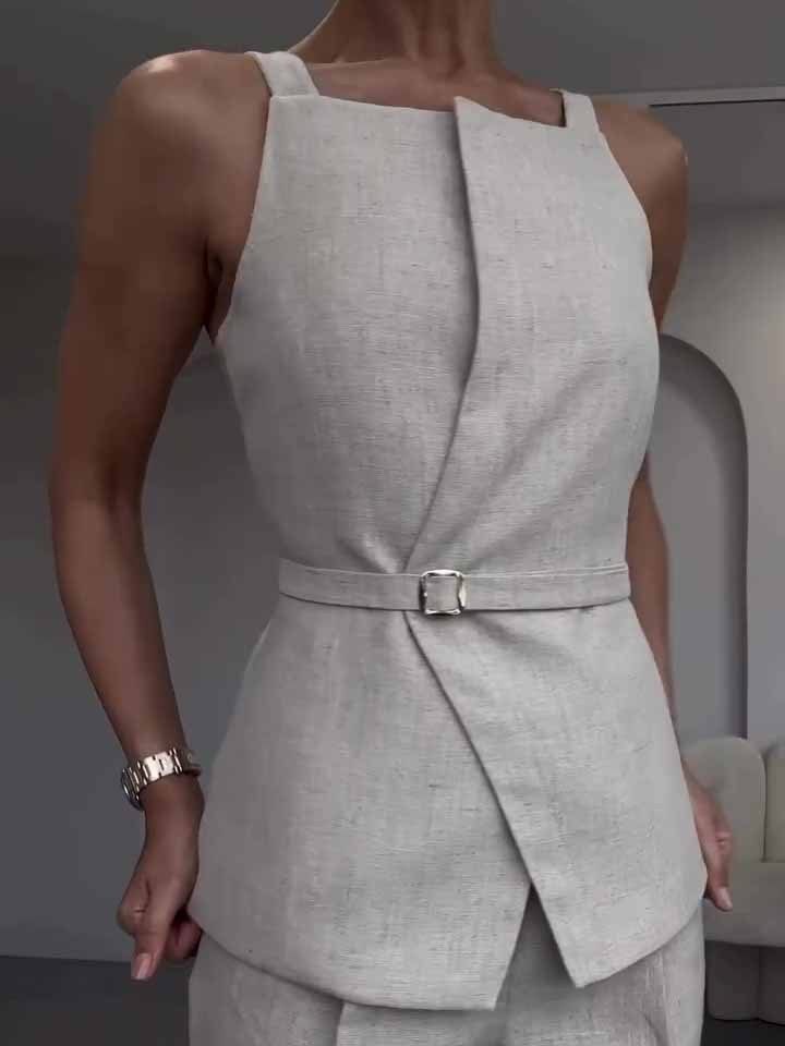 Linen Sleeveless Top & Cropped Pants Set - Other