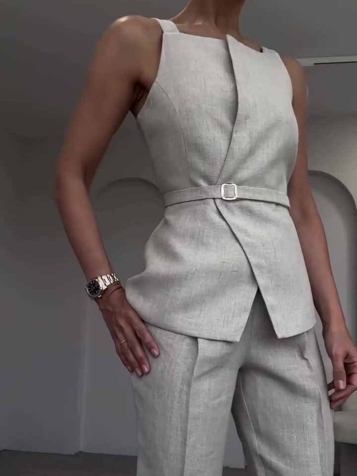 Linen Sleeveless Top & Cropped Pants Set - Other