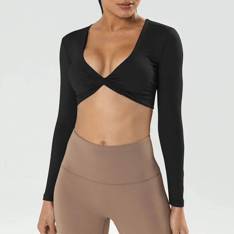 Long Sleeve Gym Crop Tops for Women - Black / XL