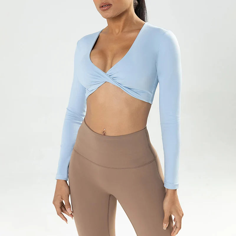 Long Sleeve Gym Crop Tops for Women - Blue Grey / XL