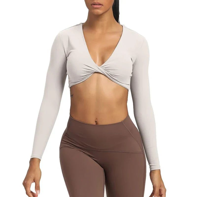 Long Sleeve Gym Crop Tops for Women - Grayish White / M