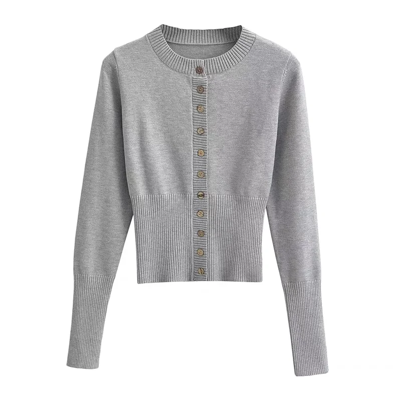 Long Sleeve Knitted Sweater - gray / S