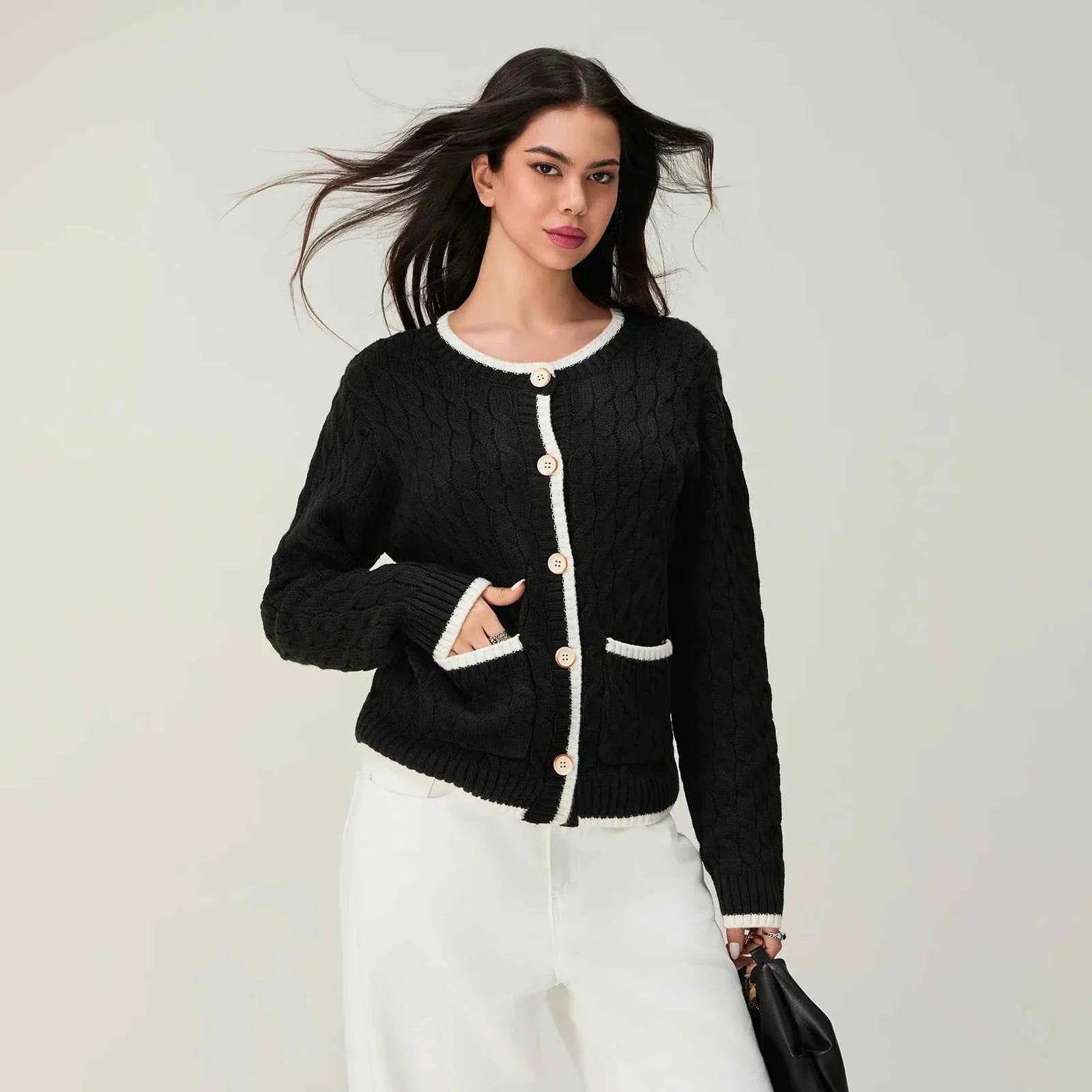 Long Sleeve Round Neck Button Down Sweater Knitted