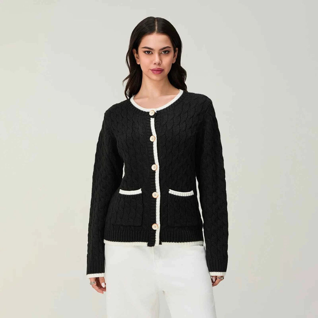 Long Sleeve Round Neck Button Down Sweater Knitted