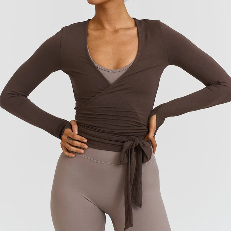 Long Sleeve Wrap Bandage T-shirt Workout Clothes - Dark Brown / S