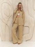 Long Sleeved Shirt Wide Leg Pants Set - Khaki / L