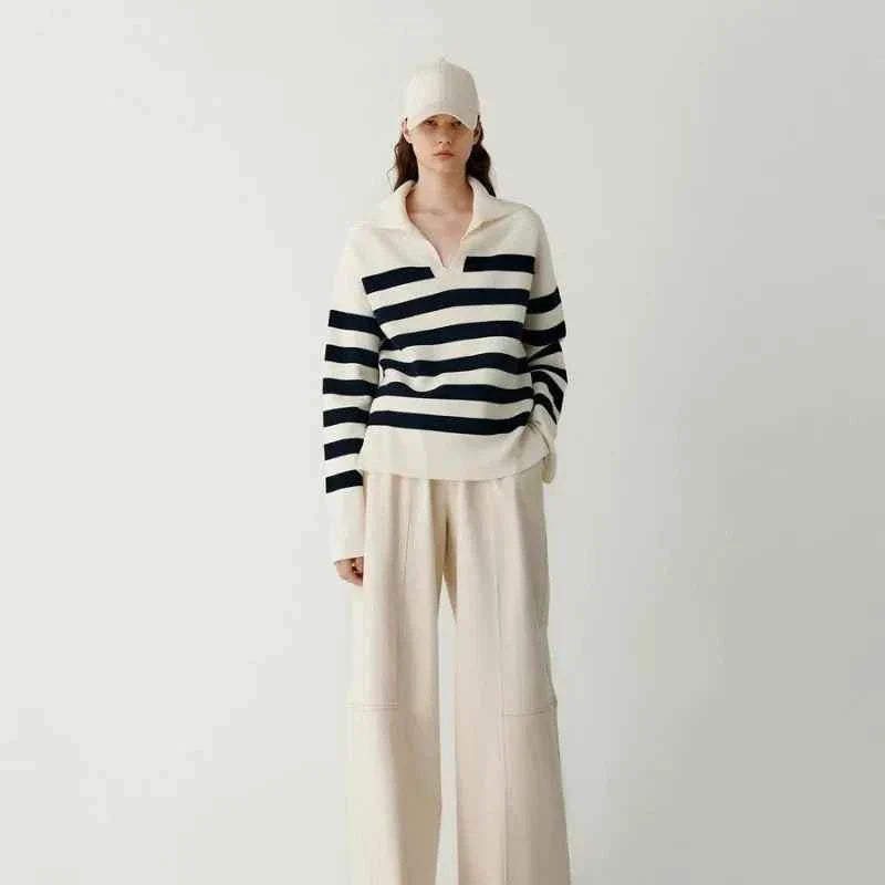 Loose Navy Collar Striped Cashmere Sweater